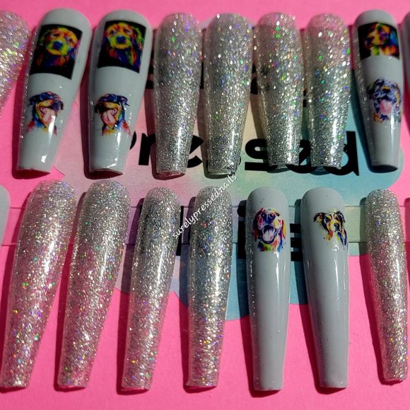 Silver Shimmer Gray Pictured Pups 2xl Ballerina Press on Nails - Picture 3 of 4